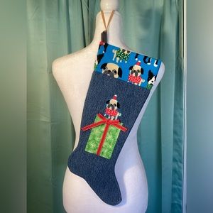 Hand Made Pug Denim Christmas Stocking OOAK